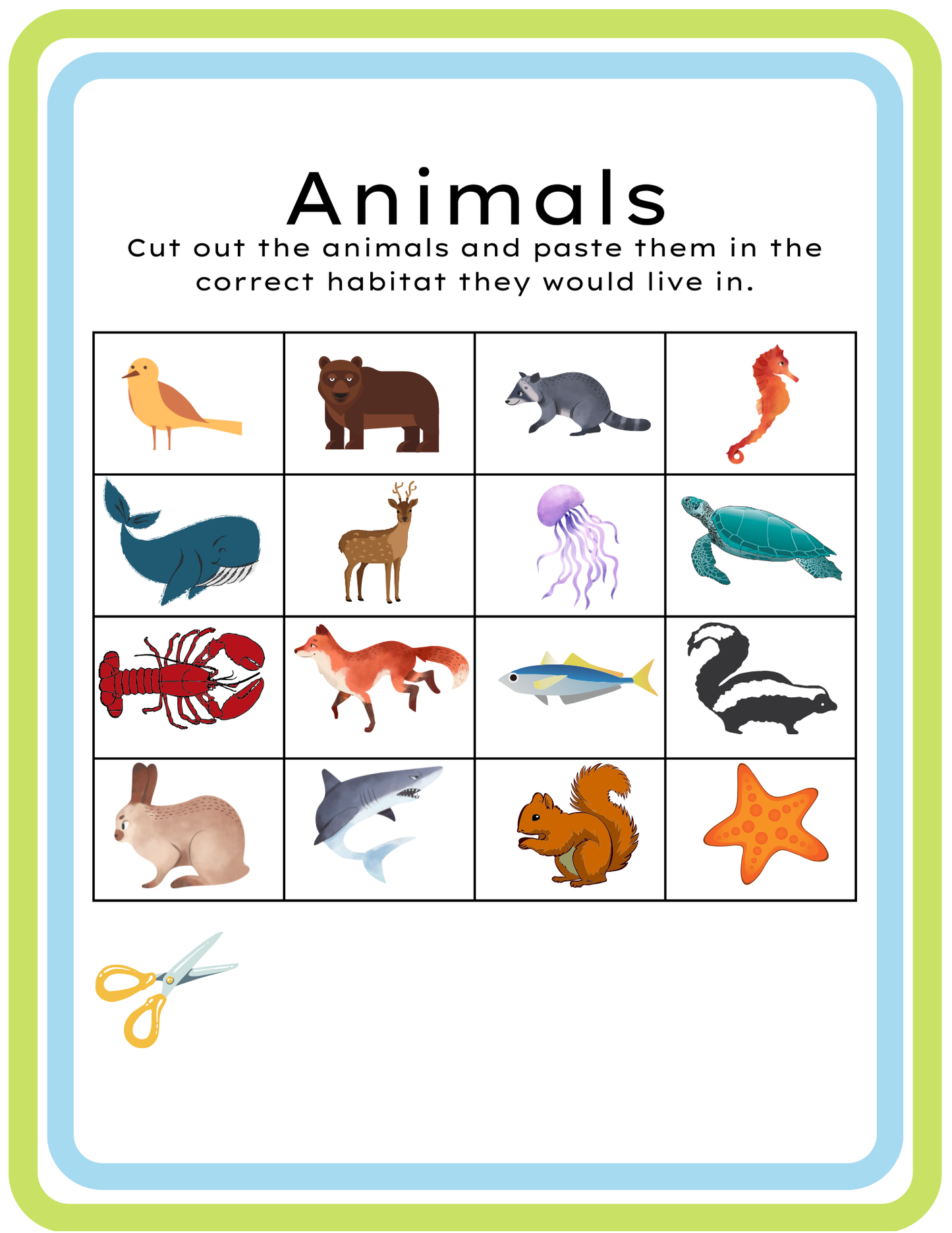 Ocean or Land Animal Habitat Science Sort Worksheet