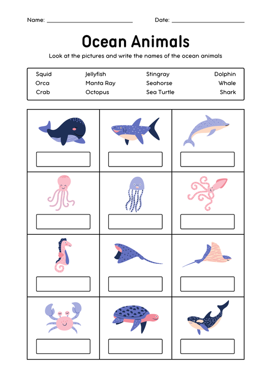 Ocean Animals Vocabulary Activity Worksheet