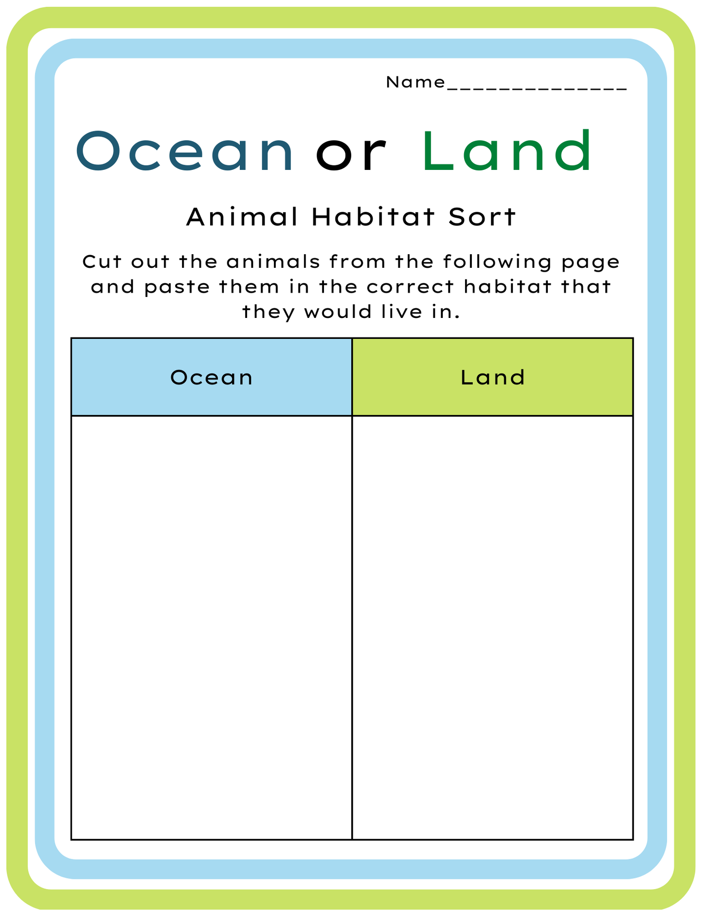 Ocean or Land Animal Habitat Science Sort Worksheet