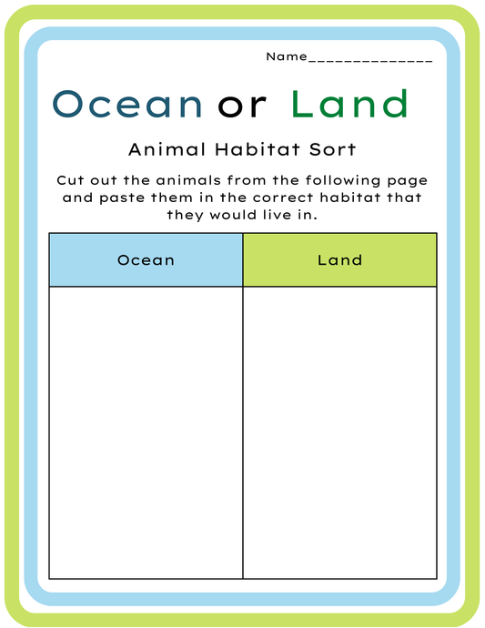 Ocean or Land Animal Habitat Science Sort Worksheet