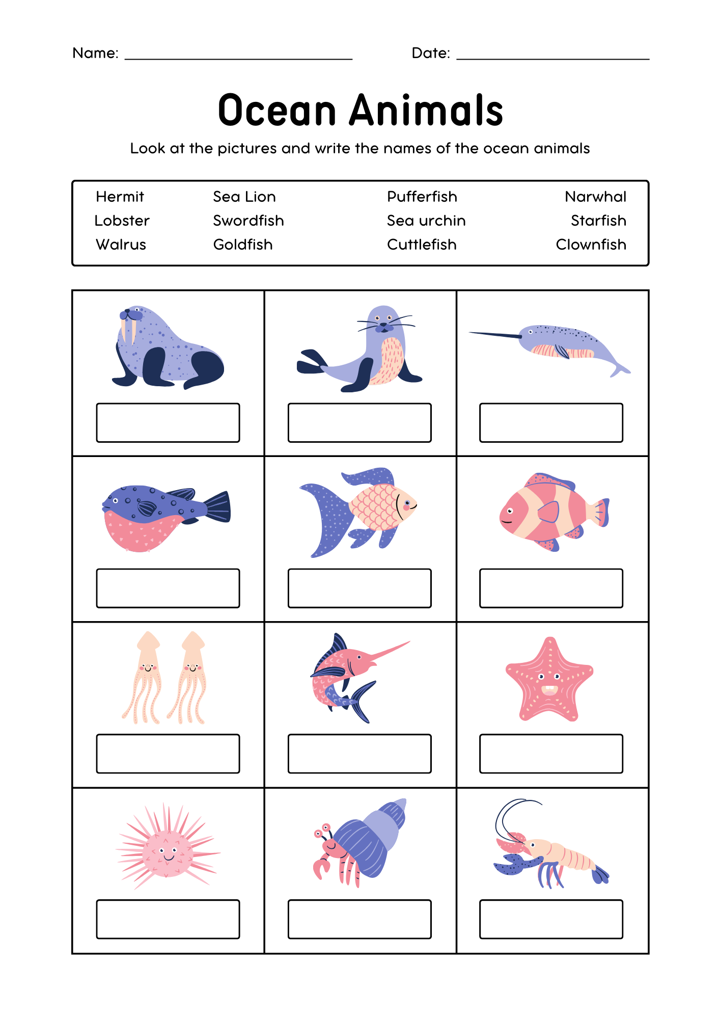 Ocean Animals Vocabulary Activity Worksheet