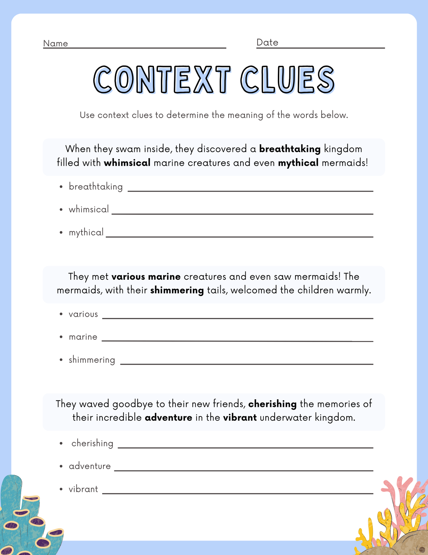 Mermaid and Marine Life Reading Comprehension Workbook for Speech Therapy