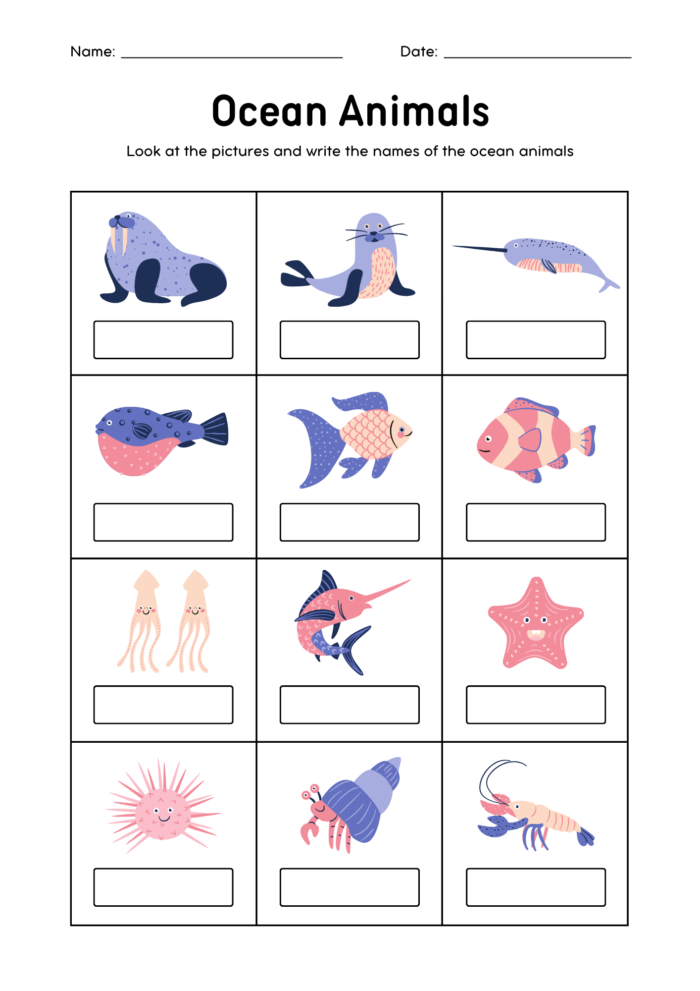 Ocean Animals Vocabulary Activity Worksheet