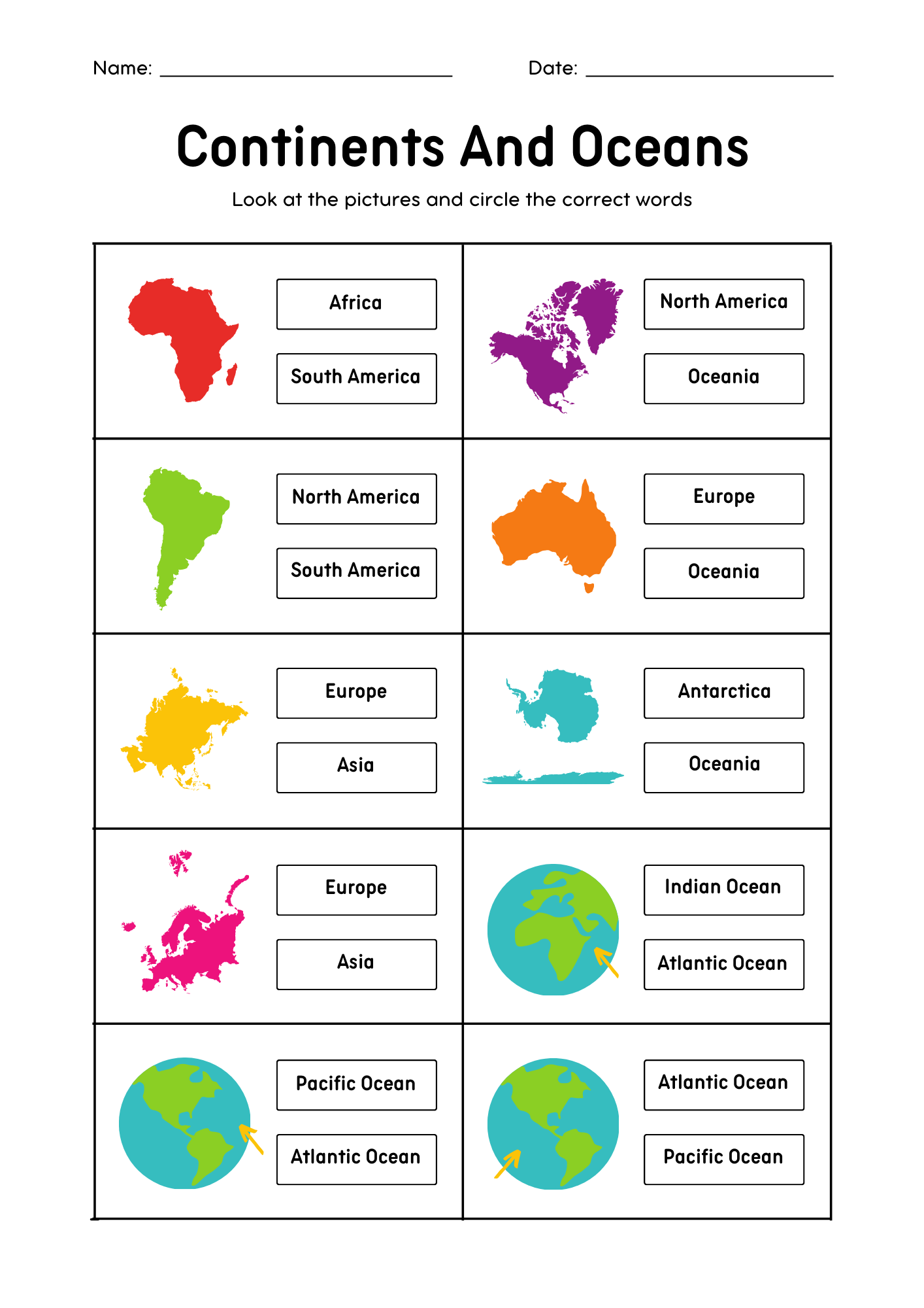 Continents and Oceans Vocabulary Worksheet