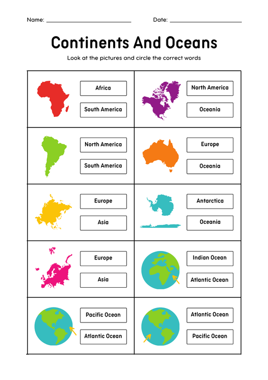 Continents and Oceans Vocabulary Worksheet