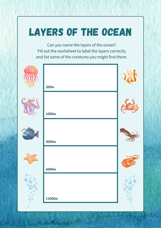 Ocean Layers and Ecosystems Worksheets